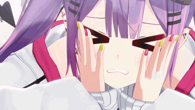 a girl with purple hair and yellow nails covering her face