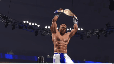 a man is holding a wrestling championship belt in the air