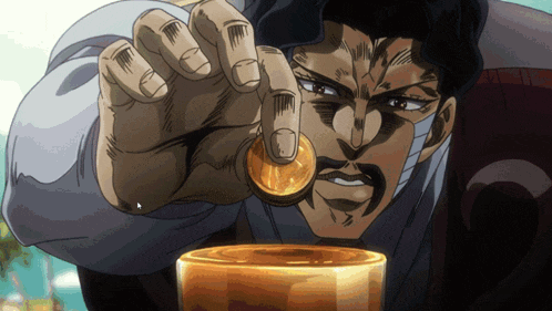 a man with a mustache is holding a coin in his hand