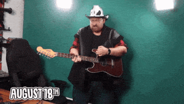 a man playing a guitar with the date august 18th on the bottom right