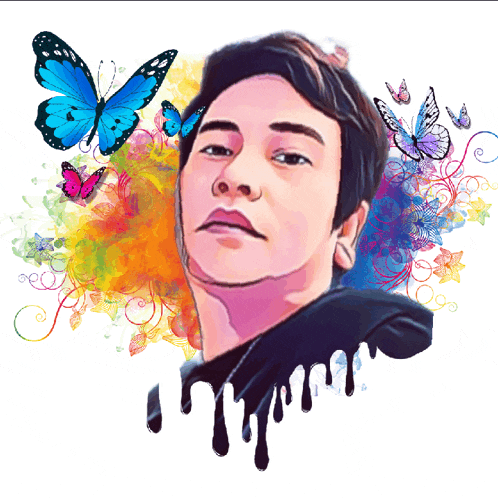 a painting of a man with butterflies and flowers around him