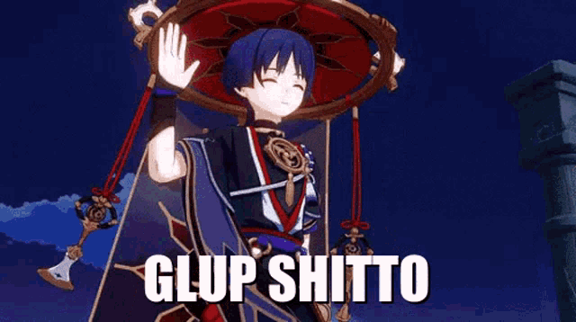 a cartoon character with a red umbrella on his head is waving his hand in the air .