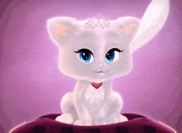 a white cat with a tiara on its head is sitting on a purple pillow