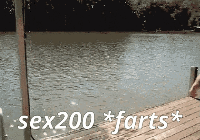a person standing on a dock with the words sex200 * farts * above them