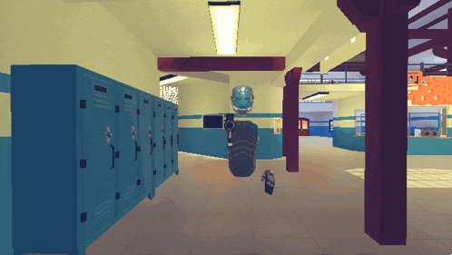 a computer generated image of a hallway with lockers