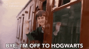 a man is waving from a train window and saying `` bye i 'm off to hogwarts '' .