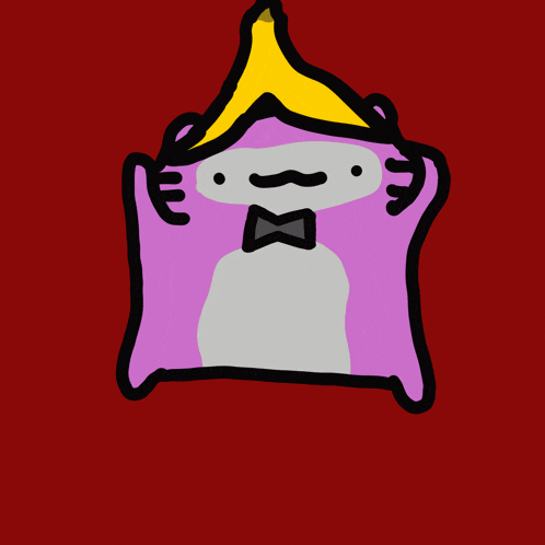 a cartoon drawing of a purple hamster wearing a bow tie and a yellow hat