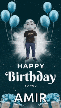 a happy birthday to you amir card with a monkey and balloons