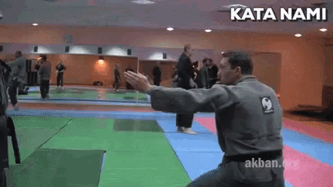 a man is practicing martial arts in a gym with the words kata nami written on the bottom