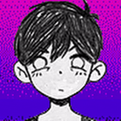 a black and white drawing of a boy 's face with a purple background .