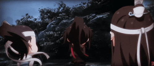 three anime characters are standing next to each other in a forest