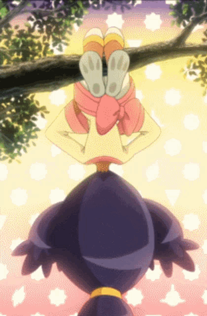 a girl with purple hair is hanging upside down from a tree branch