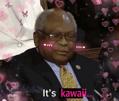 a man in a suit and tie is surrounded by hearts and the words it 's kawaii