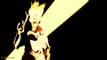 two anime characters are standing next to each other in a dark room with a yellow light behind them .
