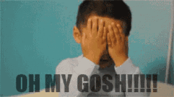 a boy covering his face with his hands and the words oh my gosh