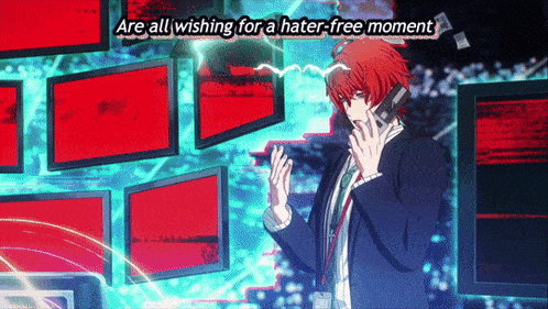 a man with red hair is talking on a cell phone with the words are all wishing for a hater-free moment below him