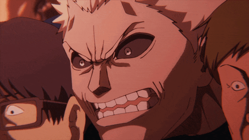 a close up of a man 's face with a very angry look on his face