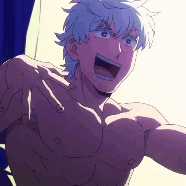 a shirtless anime character is smiling and making a funny face
