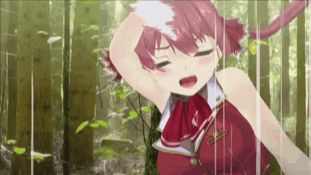 a girl with red hair is standing in the woods with her eyes closed