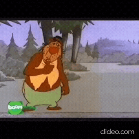 a cartoon bear is standing in the middle of a forest and thinking .