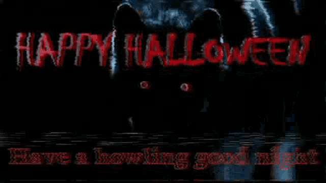 a picture of a wolf with red eyes and the words `` happy halloween '' written on it .