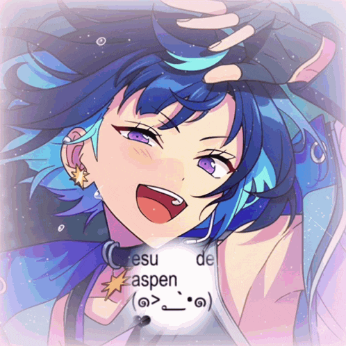 a drawing of a girl with blue hair and purple eyes with the name cresu de aspen on the bottom