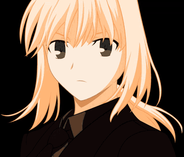 a blonde anime character with green eyes and a black shirt and tie