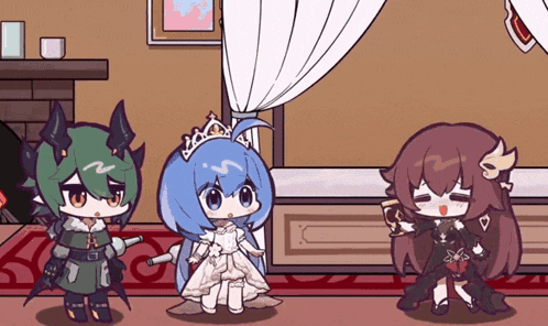 a cartoon character with a crown on her head is standing next to two other characters