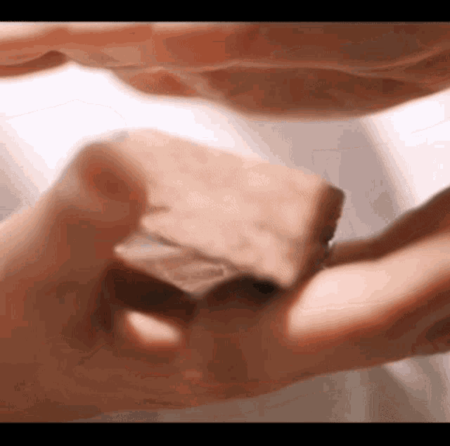 a close up of a person holding a piece of chocolate in their hands .