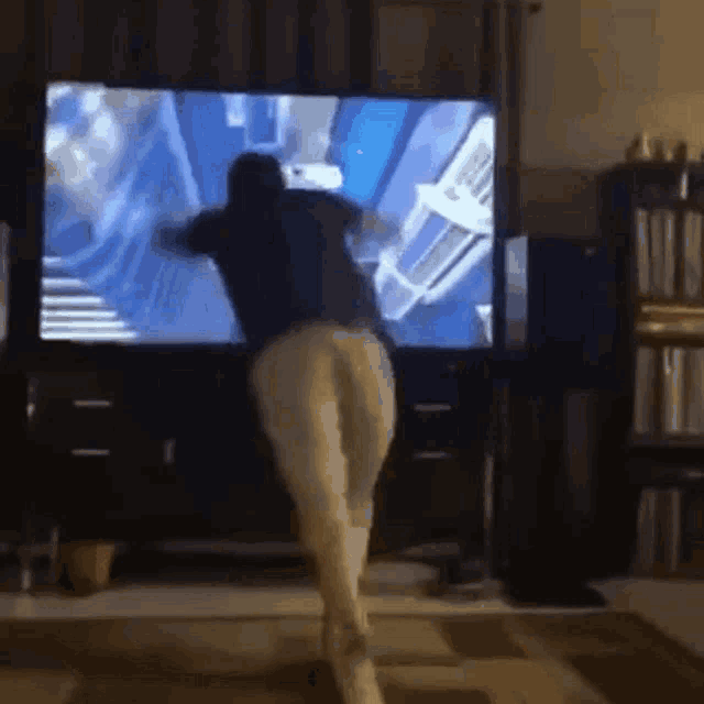 a man is standing in front of a television playing a video game .