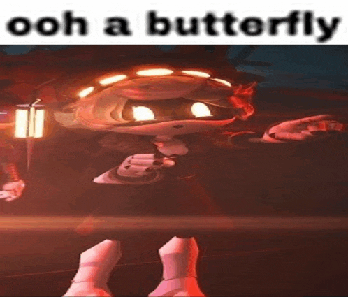 a cartoon character is standing in a dark room with a butterfly on her head .
