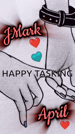 a drawing of a man and a woman holding hands with the words happy tasking april