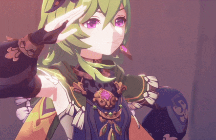 a cartoon girl with green hair and purple eyes salutes