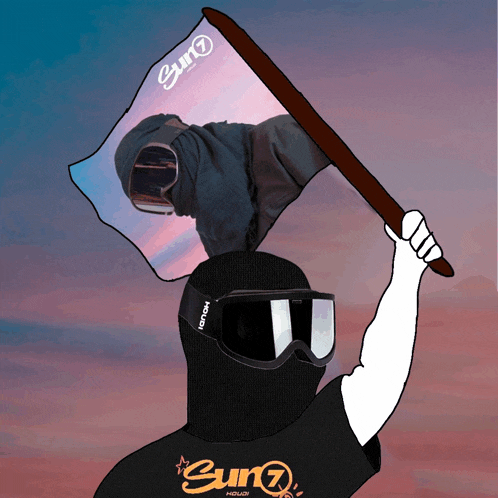 a person wearing a sun7 helmet holds a flag