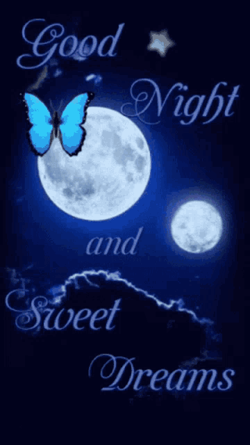 a blue butterfly is flying over a full moon with the words good night and sweet dreams