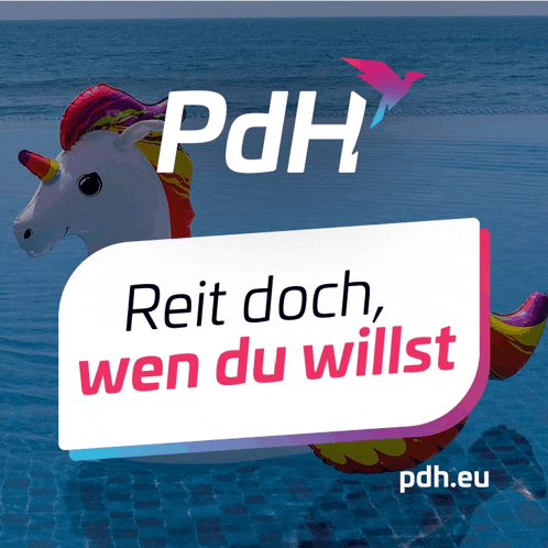 an advertisement for pdh shows a unicorn floating in the ocean