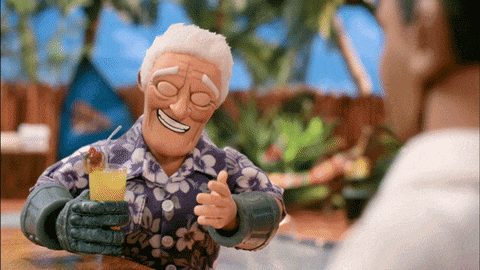 a cartoon character is holding a glass of orange juice and smiling