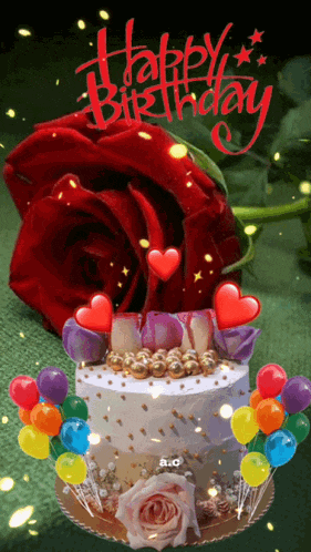 a birthday cake with balloons and a red rose on top
