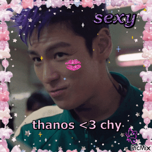 a picture of a man with purple hair and the words thanos < 3 chy on the bottom