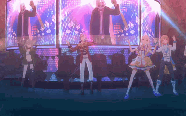 a group of anime characters are dancing in front of a screen that says " moment "
