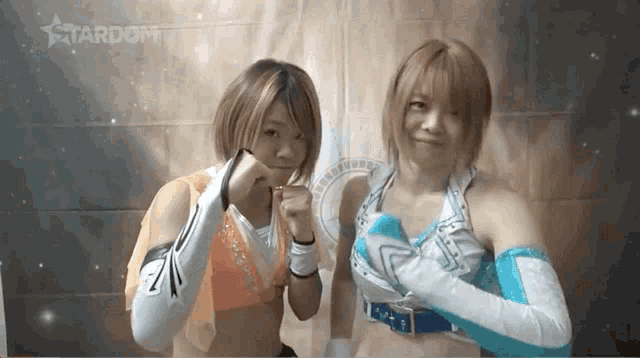 two female wrestlers are posing for a picture in front of a stardom banner