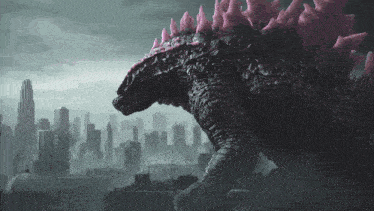 a large black monster with pink spikes stands in front of a city