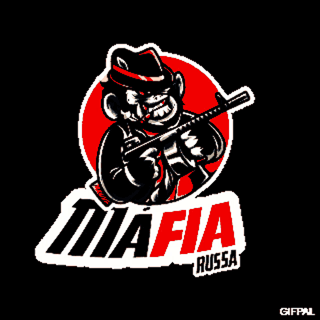 a logo for mafia russia with a cartoon character holding a gun