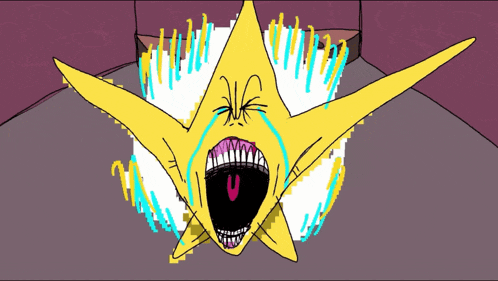 a cartoon drawing of a yellow star with its mouth open and a u on its face
