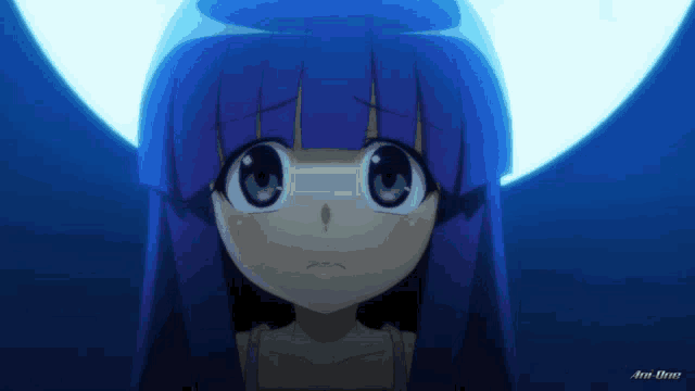 a girl with purple hair and purple eyes is looking at the camera