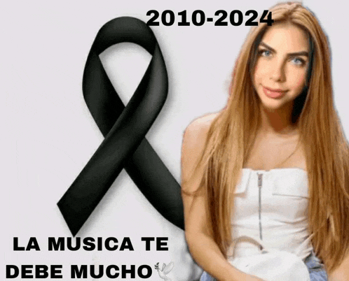 a woman is sitting in front of a black ribbon with 2010-2024 written on it