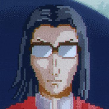 a pixel art drawing of a man with glasses and long hair