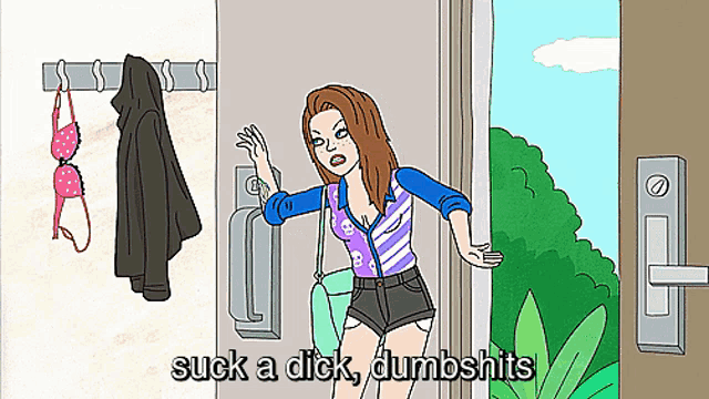 a cartoon of a woman with the words suck a dick dumbshits