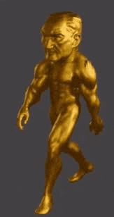 a golden statue of a man without a shirt is walking on a blue background .