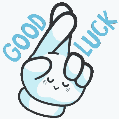 a cartoon hand giving a peace sign and the words good luck behind it